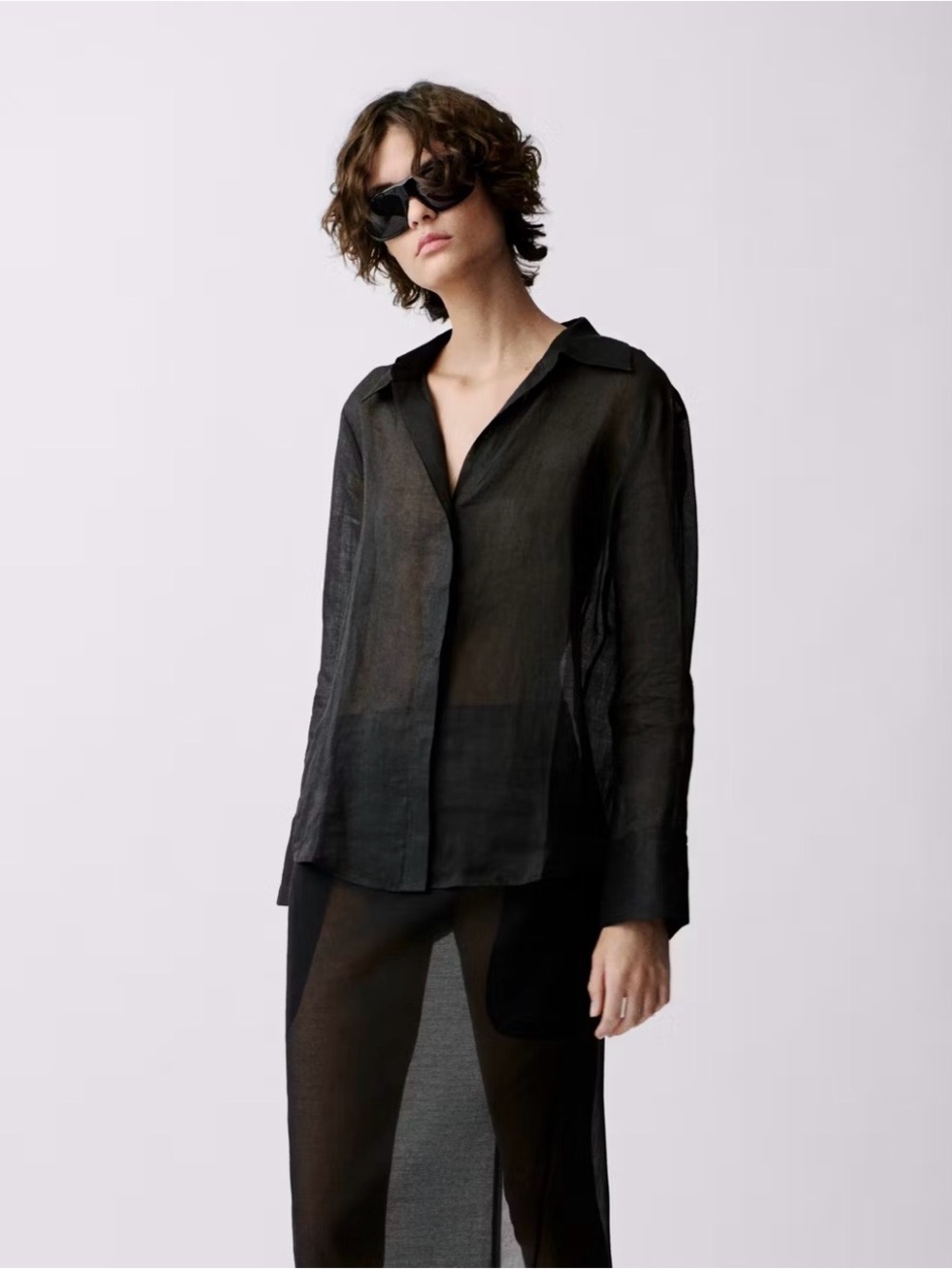 Mango Sheer Black Long-Sleeve Button-Down Shirt